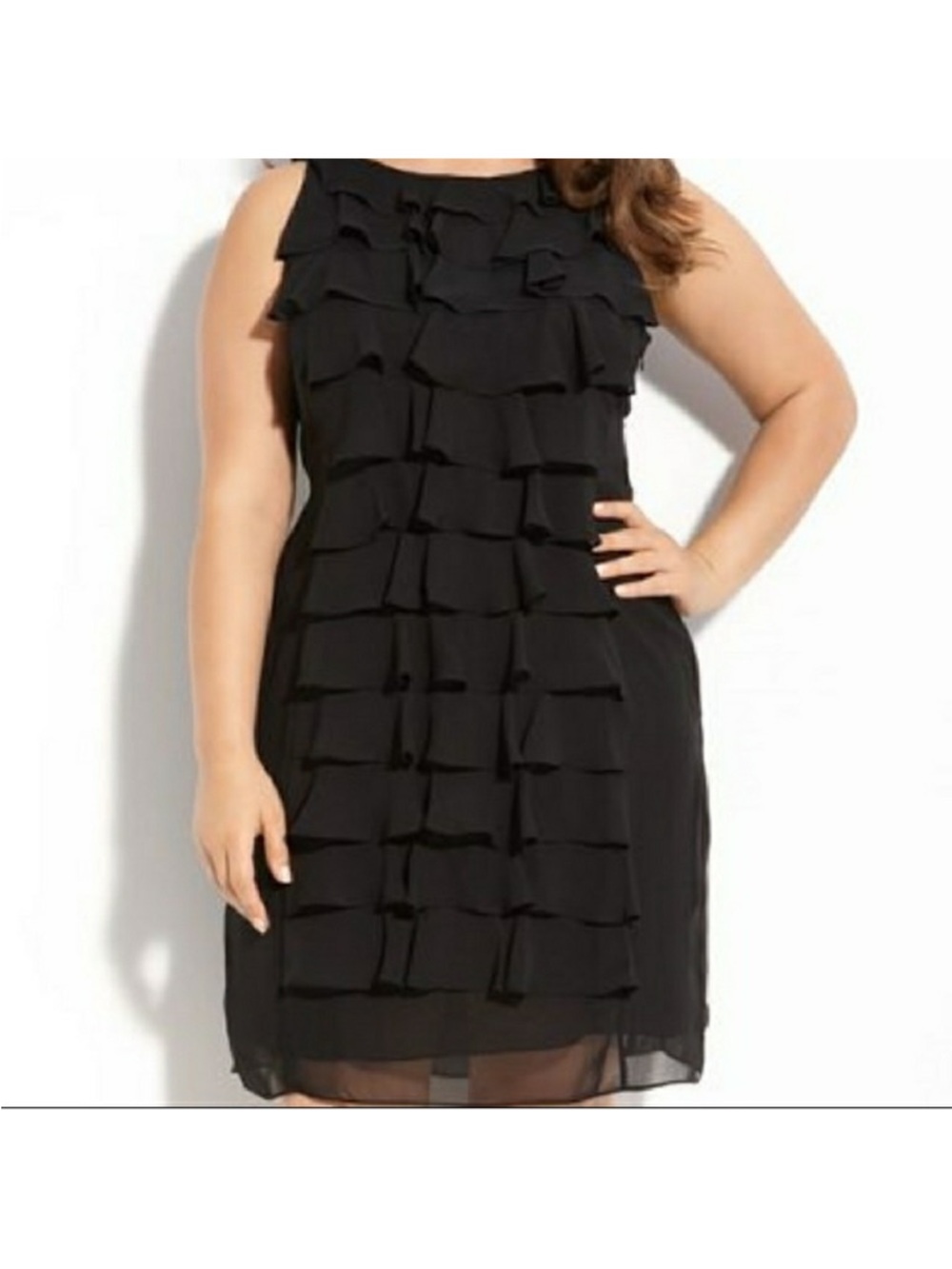 Adrianna Papell Black Front Ruffled Dress Size 14 NEW